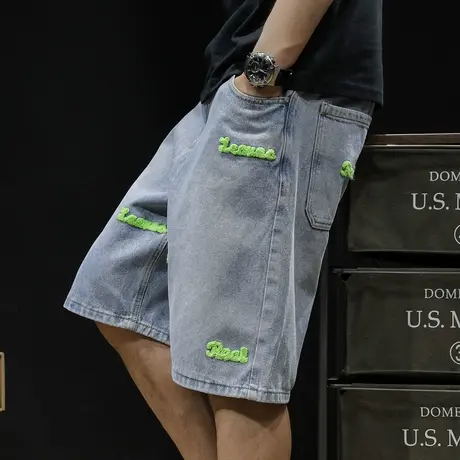 刺绣牛仔短裤男夏季潮牌2023新款直筒大码男装5分裤子男士五分裤商品大图