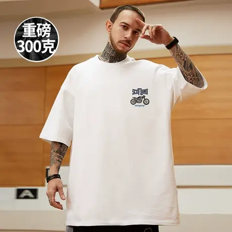 300g重磅美式加肥加大短袖t恤街头大码黑色圆领纯棉简约男士半袖商品大图