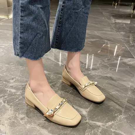 英伦风小皮鞋女2023春季新款方头粗跟一脚蹬单鞋时尚百搭工作鞋子商品大图