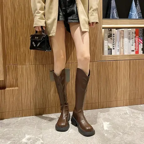 2022年秋冬季新款小个子不过膝长筒瘦瘦靴女粗跟时尚百搭圆头长靴商品大图