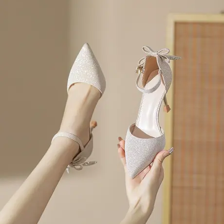 尖头高跟鞋2023夏季新款蝴蝶结中空包头凉鞋温柔仙女晚晚风高跟鞋商品大图