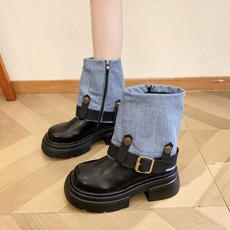 2023早秋爆款韩版短靴时装靴牛仔布骑士靴皮带扣女鞋单鞋时尚靴子商品大图