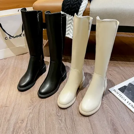 百翎2022秋冬新款粗跟长靴高筒靴水钻厚底软底长筒靴子小码女鞋子商品大图