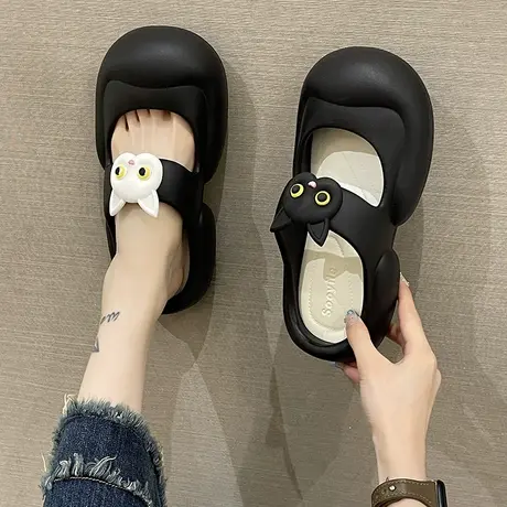 玛丽珍凉拖鞋夏季ins潮室内外穿厚底踩屎感防滑可爱猫咪包头拖鞋商品大图