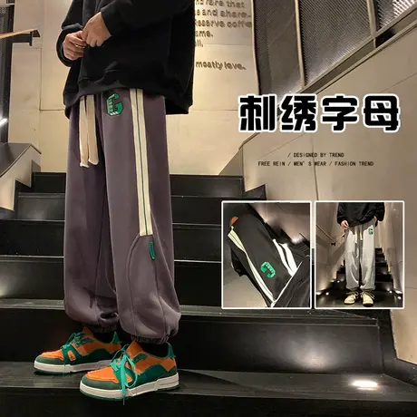 刺绣条纹卫裤男春秋季ins潮牌复古高街宽松运动vibe风休闲长裤子商品大图