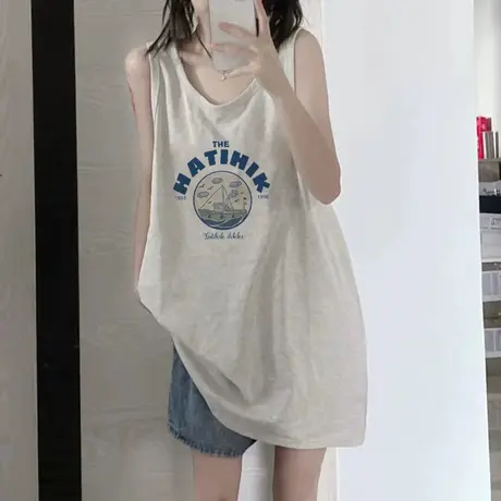 美式纯棉吊带坎肩背心无袖t恤女夏季设计感小众外穿宽松挂脖上衣图片