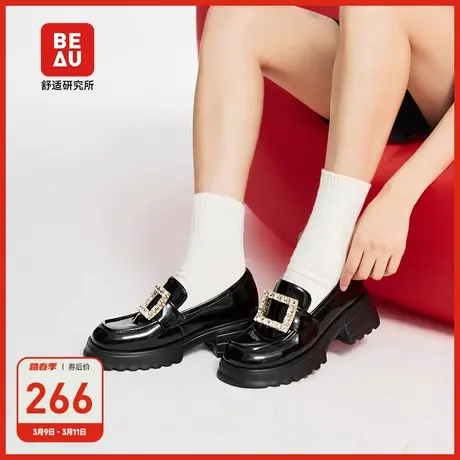 BEAU厚底法式乐福鞋粗跟单鞋女黑色小皮鞋高跟鞋子真皮方钻扣图片