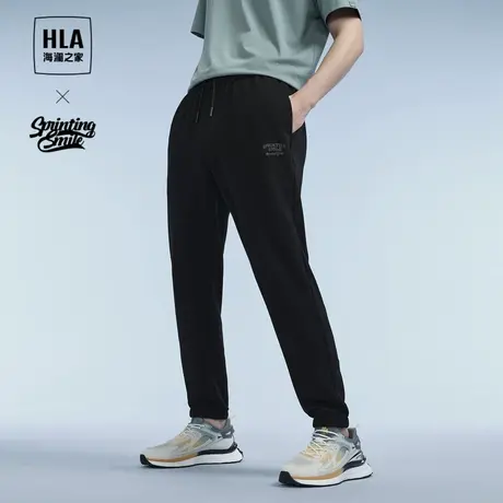 HLA/海澜之家弹力直筒抽绳休闲裤24春秋季新款刺绣黑色卫裤子男士商品大图