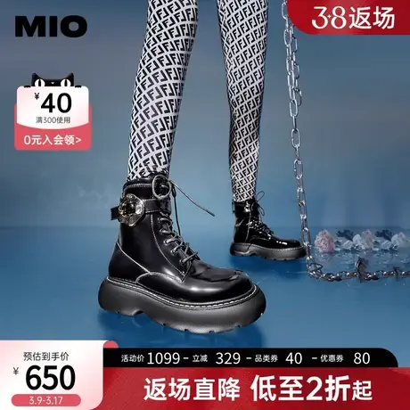MIO米奥秋冬靴子厚底女靴绑带马衔扣带加绒短靴增高马丁靴工装靴图片