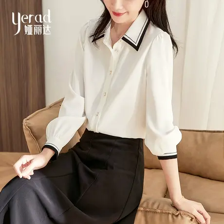 娅丽达白色雪纺衬衫女秋季2022新款设计感灯笼袖翻领衬衣短款上衣商品大图