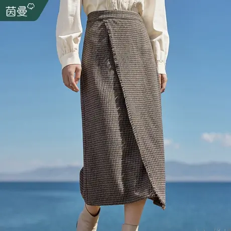 茵曼不规则开衩毛呢格子半身裙女2023年秋冬新款法式千鸟格中长裙商品大图
