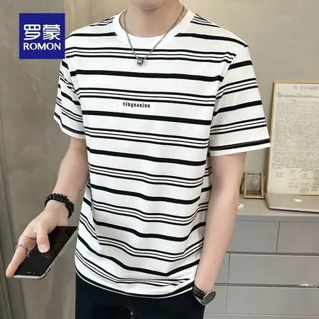 罗蒙男士纯棉短袖T恤夏季薄款印花圆领休闲条纹男装上衣服冰丝体t图片