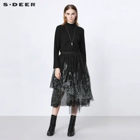 【直播间专属】sdeer圣迪奥网纱印花拼接长袖针织连衣裙S21381203图片
