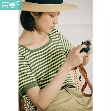 茵曼梨涡短袖t恤女夏装2023新款ins复古方领条纹显瘦百搭休闲上衣图片