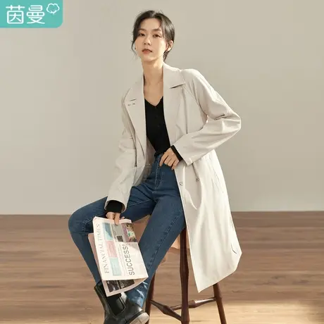 【商场同款】茵曼秋女装新款通勤翻驳领收腰双排扣长袖风衣图片