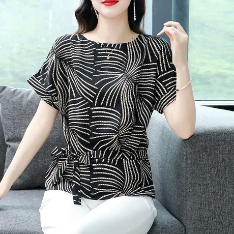 时尚收腰短袖衬衫夏季2023年新款别致减龄宽松显瘦女上衣真丝小衫商品大图