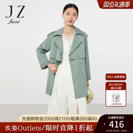JZ玖姿官方奥莱休闲格纹拼接一手长风衣春秋新款女抽绳英伦风外套商品大图