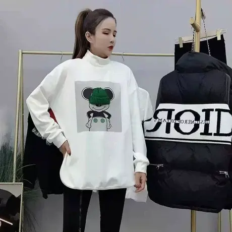 欧洲站大版宽松T恤女长袖上衣2023年秋冬新款加厚磨毛高领打底衫商品大图