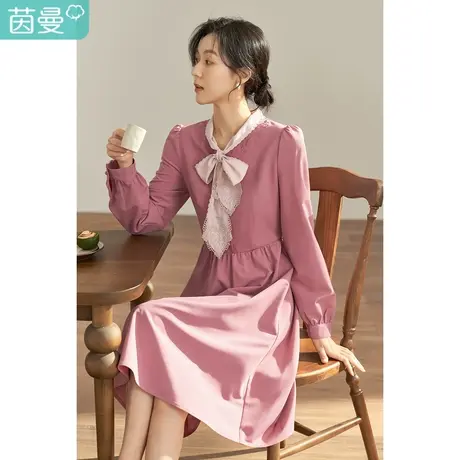 【商场同款】茵曼2023春女装新款法式飘带领腰部收褶长袖连衣裙商品大图