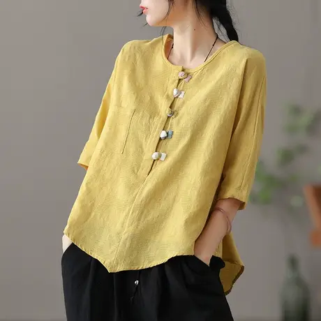 dza复古薄款盘扣亚麻上衣女士夏季短袖不规则白色t恤打底棉麻衬衣商品大图