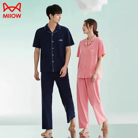 猫人情侣睡衣女夏季纯棉短袖开衫外穿家居服男士夏天全棉薄款套装图片