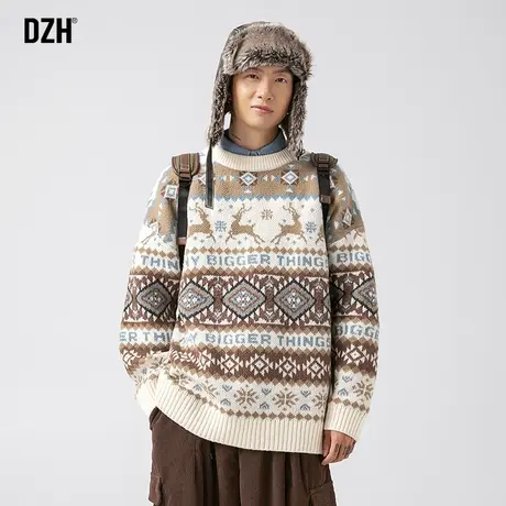 男士民族风提花毛衣男圆领秋冬季情侣外套2023新款宽松古着针织衫商品大图