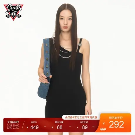 【GUESS x YUEQI QI联名系列】女士不对称金属链条罗纹斜肩小黑裙图片