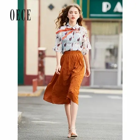 Oece春夏新款女装Chic文艺复古短裙子高腰中长A字半身裙图片