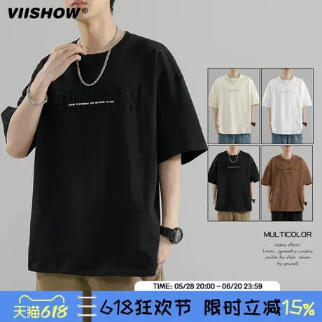 VIISHOW夏季纯棉日系重磅情侣短袖美式复古宽松圆领印花t恤上衣商品大图