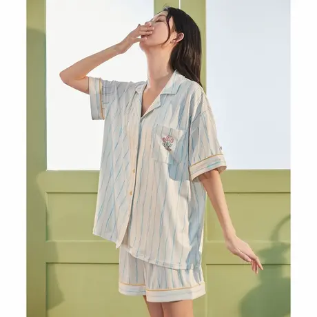 唐狮睡衣女夏天莫代尔凉感时尚条纹网红风小个子可外穿家居服套装商品大图