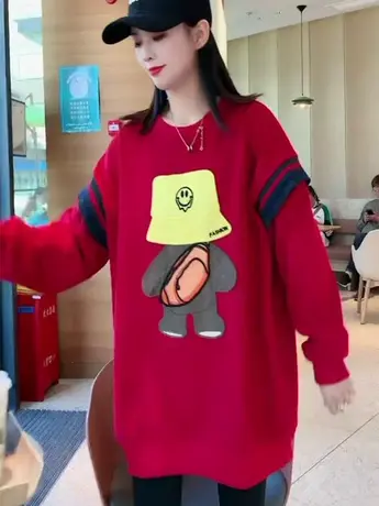 韩版加绒加厚卡通黄帽背包熊2023冬新款卫衣宽松洋气中长款上衣商品大图