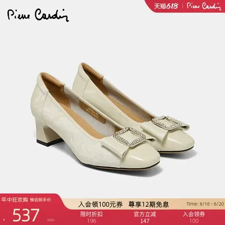皮尔卡丹女鞋真皮蝴蝶结气质皮鞋复古高跟鞋女通勤低跟浅口单鞋女商品大图