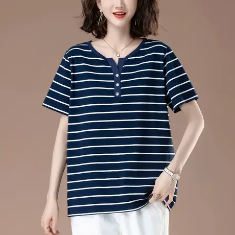妈妈夏装条纹短袖t恤女全棉加肥加大码女装宽松中年v领显瘦体恤衫商品大图