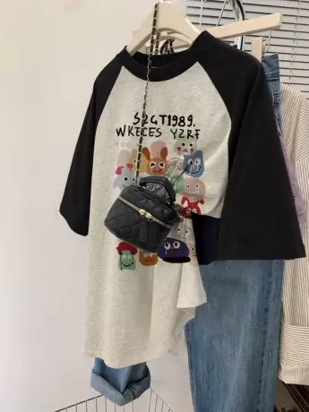 趣味印花插肩短袖女t恤胖mm大码显瘦夏装ins潮牌宽松半袖美式上衣商品大图