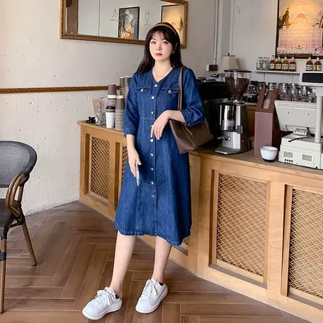 2023早秋新款V领单排扣显瘦中长款气质桔梗大码胖MM连衣裙牛仔商品大图