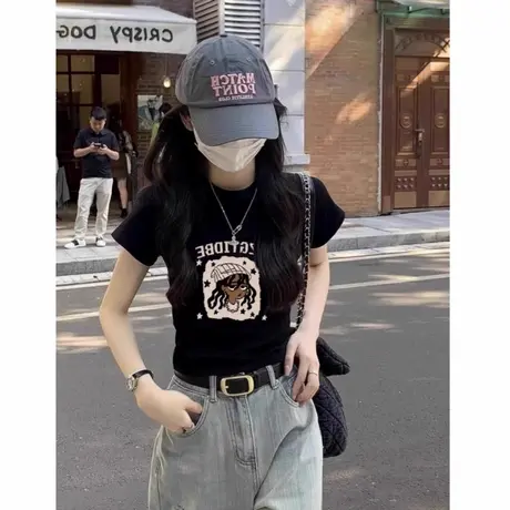 辣妹黑色正肩显瘦短款短袖t恤女装2025夏季独特别致绝美小上衣潮商品大图