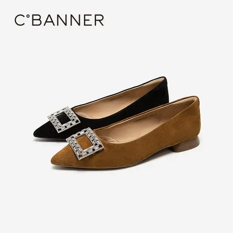 千百度绒面羊皮扣饰浅口单鞋女百搭气质新款低跟通勤尖头晚晚鞋图片