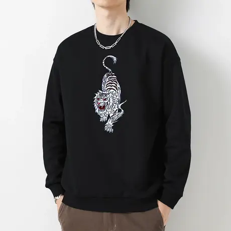 重磅纯棉黑色卫衣男秋季摇粒绒宽松潮流老虎印花长袖t恤无帽上衣商品大图