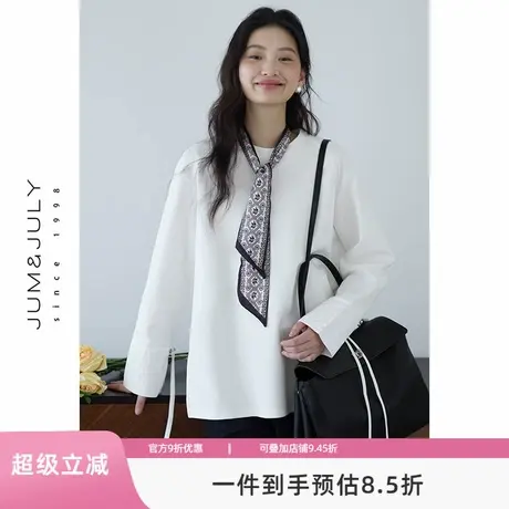 嘉茱莉带丝巾白色长袖T恤女2025春季新款宽松落肩打底衫内搭上衣图片