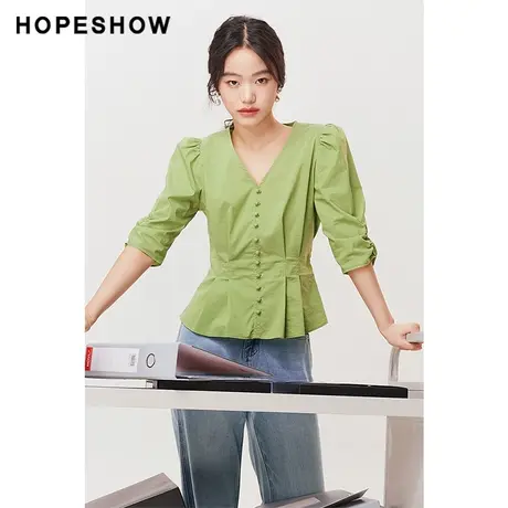 红袖outlets泡泡袖V领套头上衣hopeshow2023夏款复古绿色气质中袖商品大图