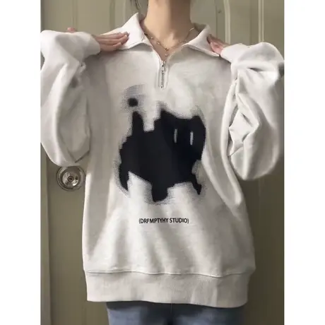 猫咪卡通长袖卫衣女春秋季百搭宽松显瘦薄款半拉链POLO领上衣外套商品大图
