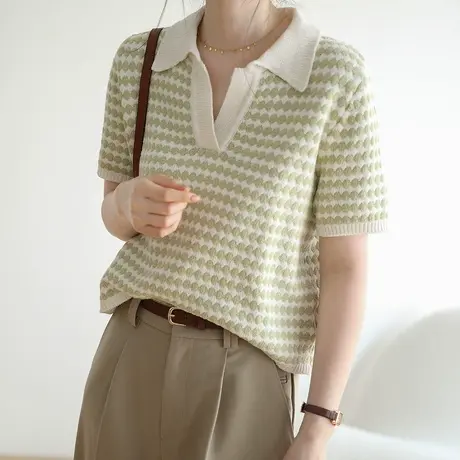 专享嘉茱莉短袖针织衫女2023年秋季上衣女v领设计感小众气质显瘦商品大图