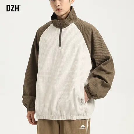 男士美式外套秋款男潮牌男装2023新款插肩袖长袖半拉链冲锋衣夹克商品大图