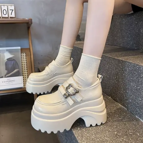 厚底乐福鞋女2025新款春秋单鞋小个子增高小皮鞋英伦风一脚蹬女鞋商品大图