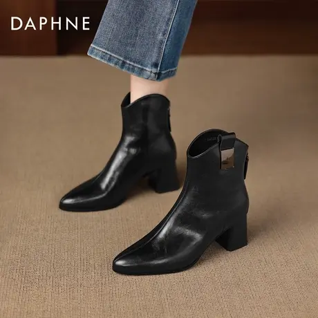 达芙妮尖头高跟短靴2026新款秋冬季加绒瘦瘦黑色切尔西女靴子皮靴图片