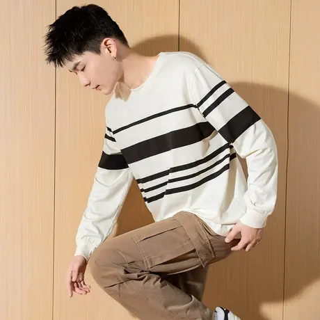 唐狮春秋季新款长袖T恤男青少年条纹翻领纯棉打底衫学生上衣潮TE图片