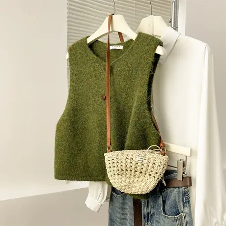 唐狮秋冬文艺风简约圆领开衫马甲女春秋外穿高级感百搭insTM商品大图