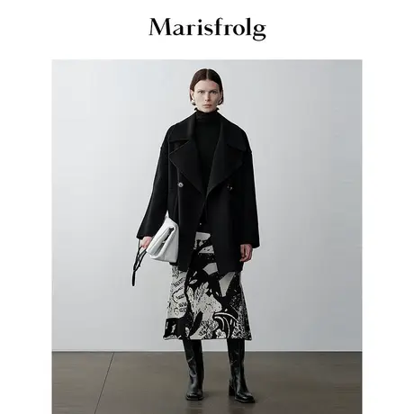 【商场同款】玛丝菲尔2023年冬季新款黑色高领折线刺绣羊毛针织衫商品大图