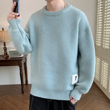 圆领落肩毛衣男冬季休闲宽松针织衫男打底衫青少年纯色百搭毛线衣商品大图
