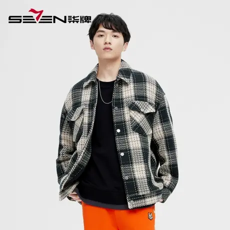 柒牌旗下清仓潮牌SVNMDN毛呢夹克男秋冬时尚翻领纯棉千鸟格外套潮商品大图
